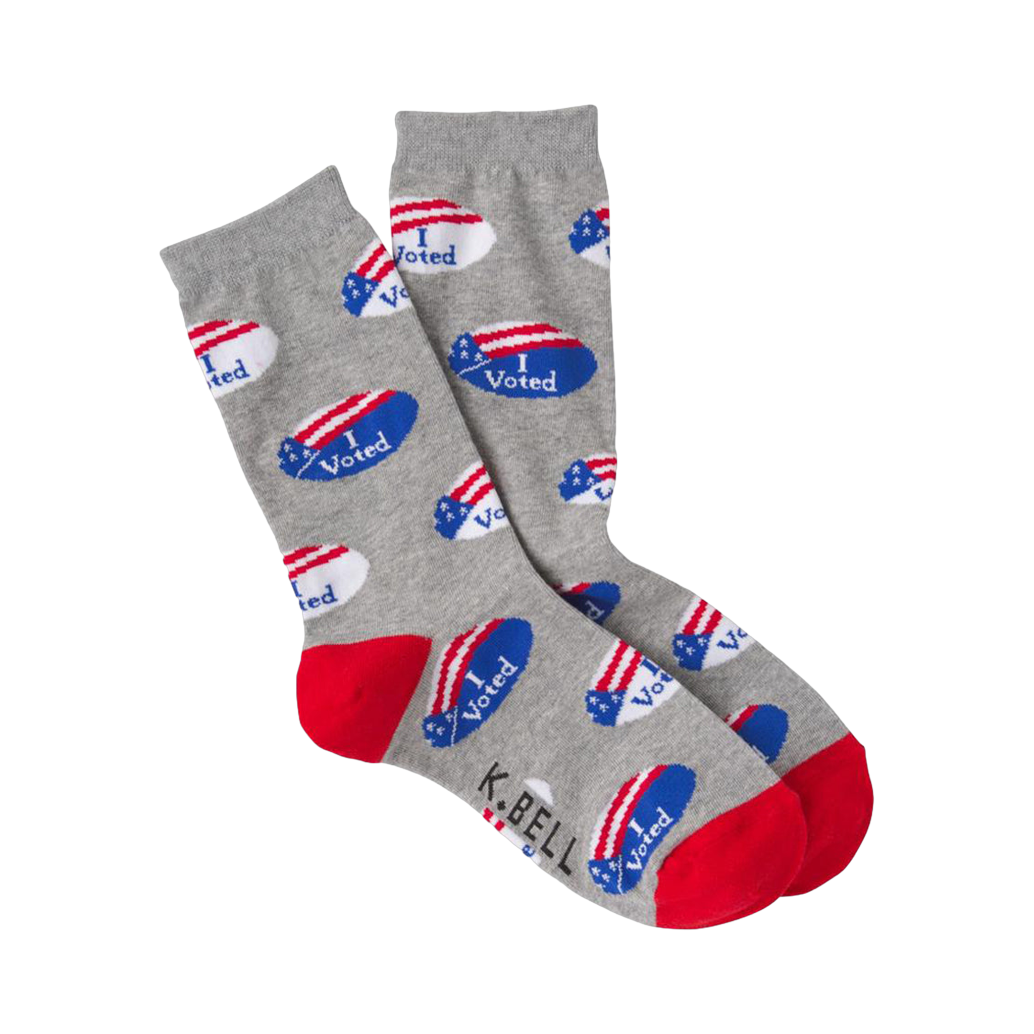 Crew socks in gray with a pattern of small red, white, and blue 'I Voted' stickers. The heel and toe are red.