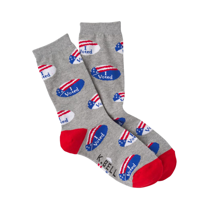 Crew socks in gray with a pattern of small red, white, and blue 'I Voted' stickers. The heel and toe are red. }}