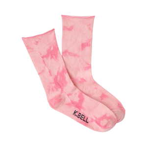 Pair of crew socks in pastel pink and light blue tie-dye patterns. Small logo visible on the bottom.
