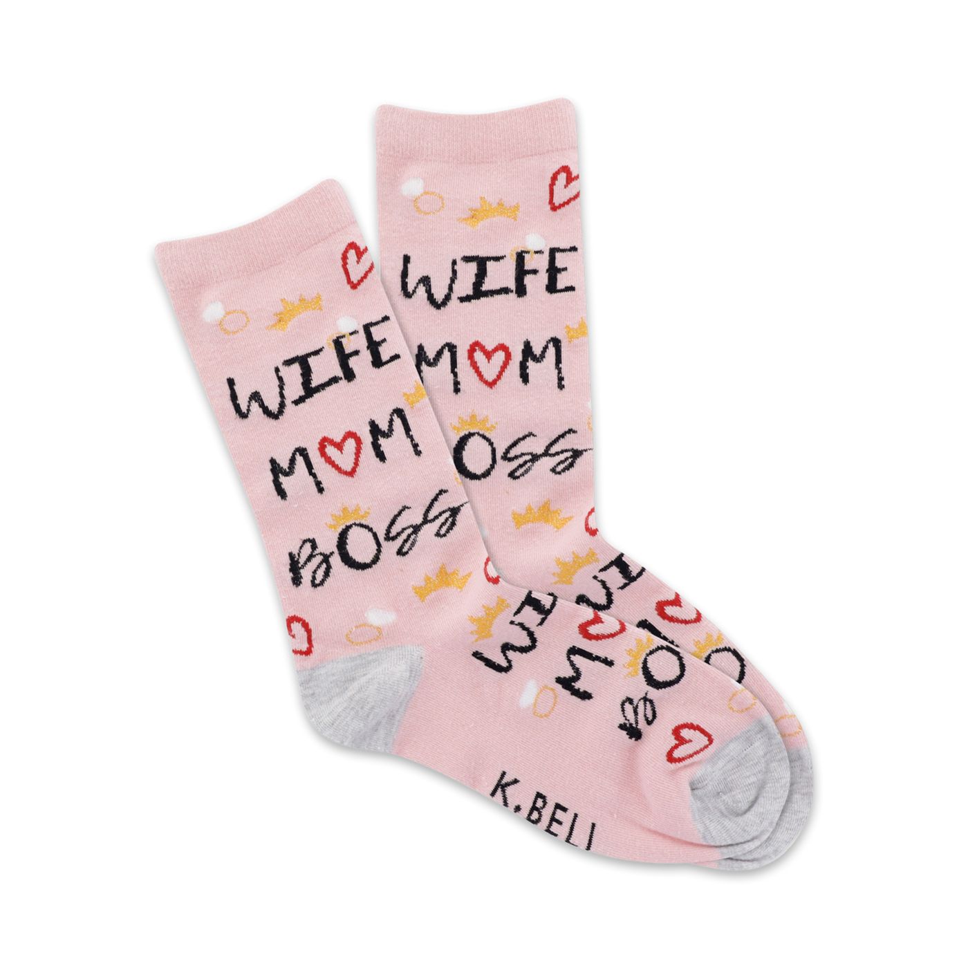 Pink crew socks with 'Wife Mom Boss' text, hearts, crowns, and rings.  A fun and comfy design for everyday wear.