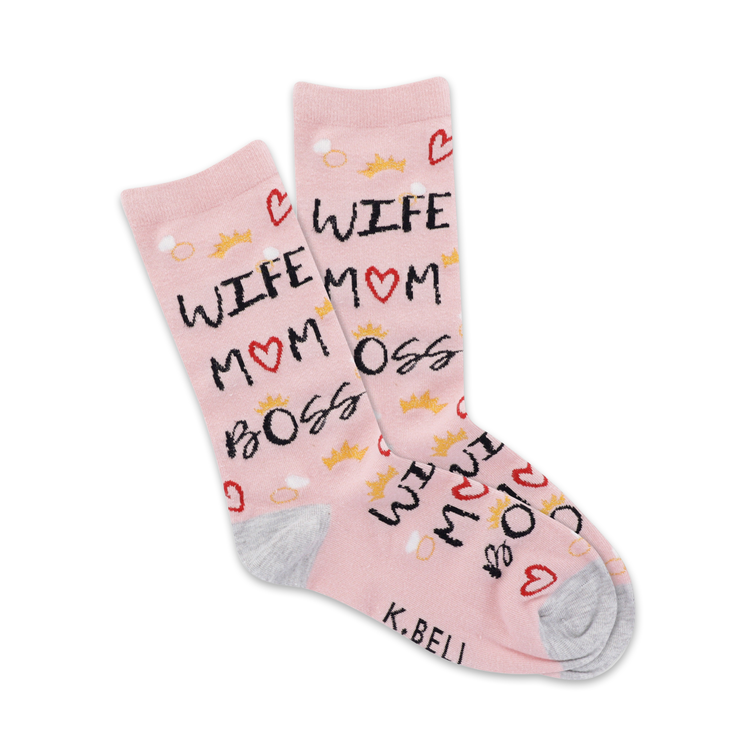 Pink crew socks with 'Wife Mom Boss' text, hearts, crowns, and rings.  A fun and comfy design for everyday wear.