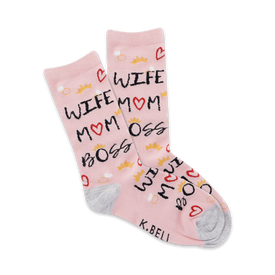 women's crew socks with gray and pink wife mom boss design   