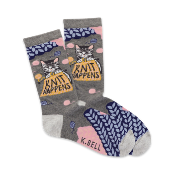  gray women's crew socks with cats, yarn balls, and "knit happens" in pink text.  