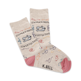 womens sew much fabric! sew little time black, pink, light tan crew socks feature repeating sewing machine pattern and stitching puns  