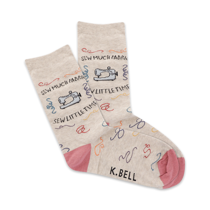 womens sew much fabric! sew little time black, pink, light tan crew socks feature repeating sewing machine pattern and stitching puns   }}