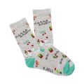 Crew socks in grey with teal accents. Festive llamas carrying gifts, cacti, and 'Fa La La La Llama' text are on a light grey background.