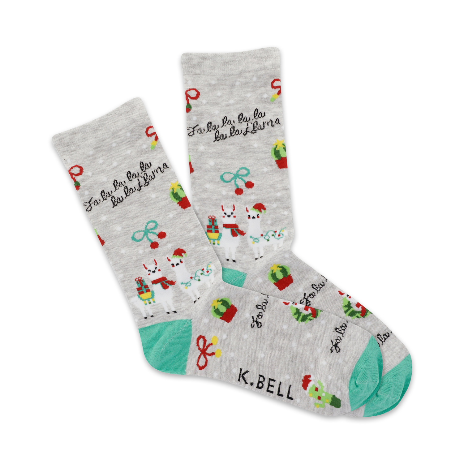 Crew socks in grey with teal accents. Festive llamas carrying gifts, cacti, and 'Fa La La La Llama' text are on a light grey background.