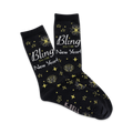Pair of black crew socks with gold stars, fireworks, and the text 'Bling in the New Year'.