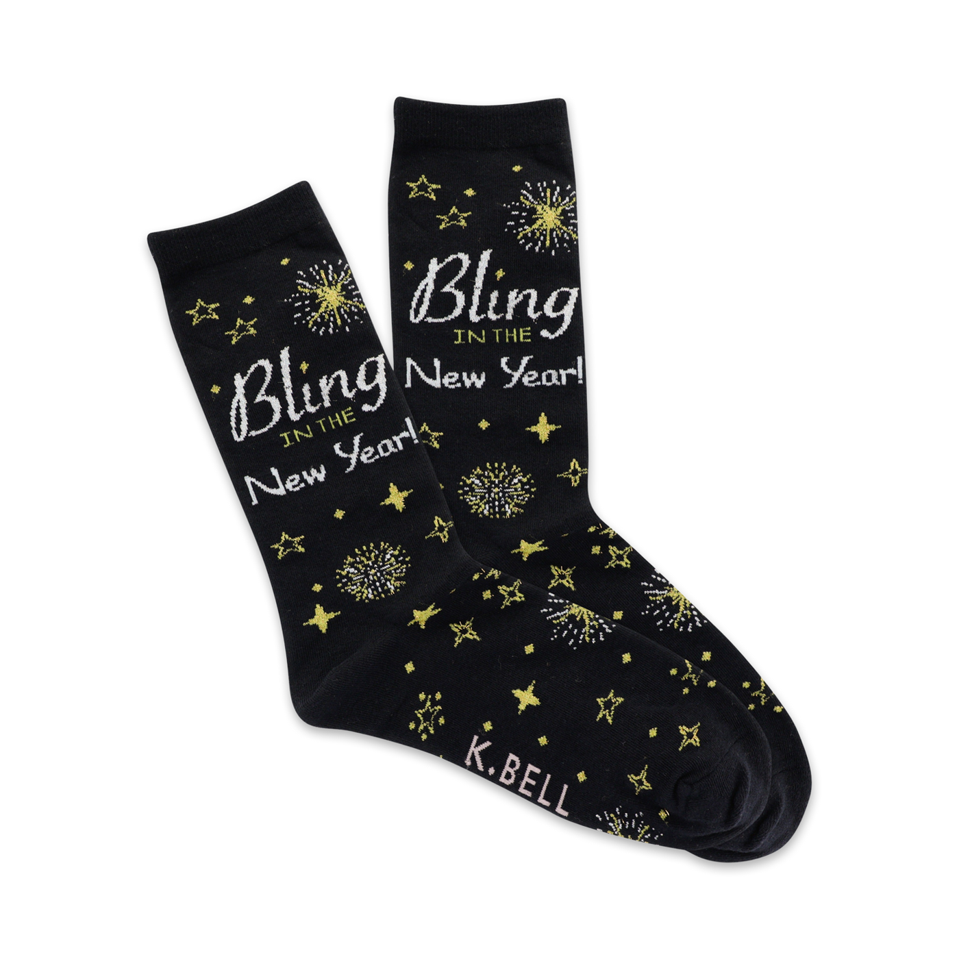Pair of black crew socks with gold stars, fireworks, and the text 'Bling in the New Year'.