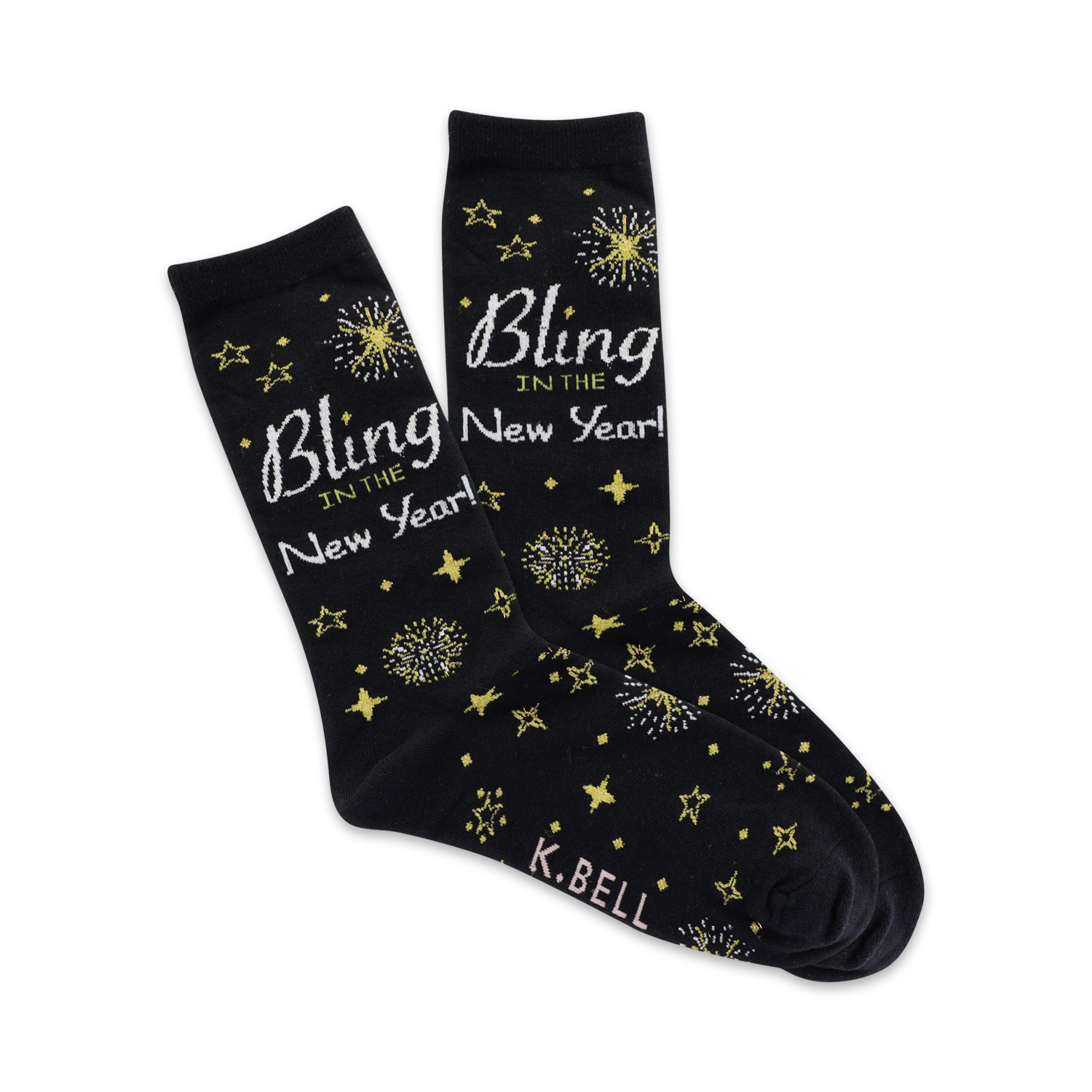 Pair of black crew socks with gold stars, fireworks, and the text 'Bling in the New Year'.