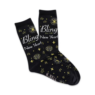 black crew socks with gold stars and fireworks pattern. "bling in the new year" written vertically on each sock.  