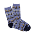 Crew socks in periwinkle blue with a repeating pattern of horses' rear ends peeking over brown fences.  Horses are beige, light gray, and tan.