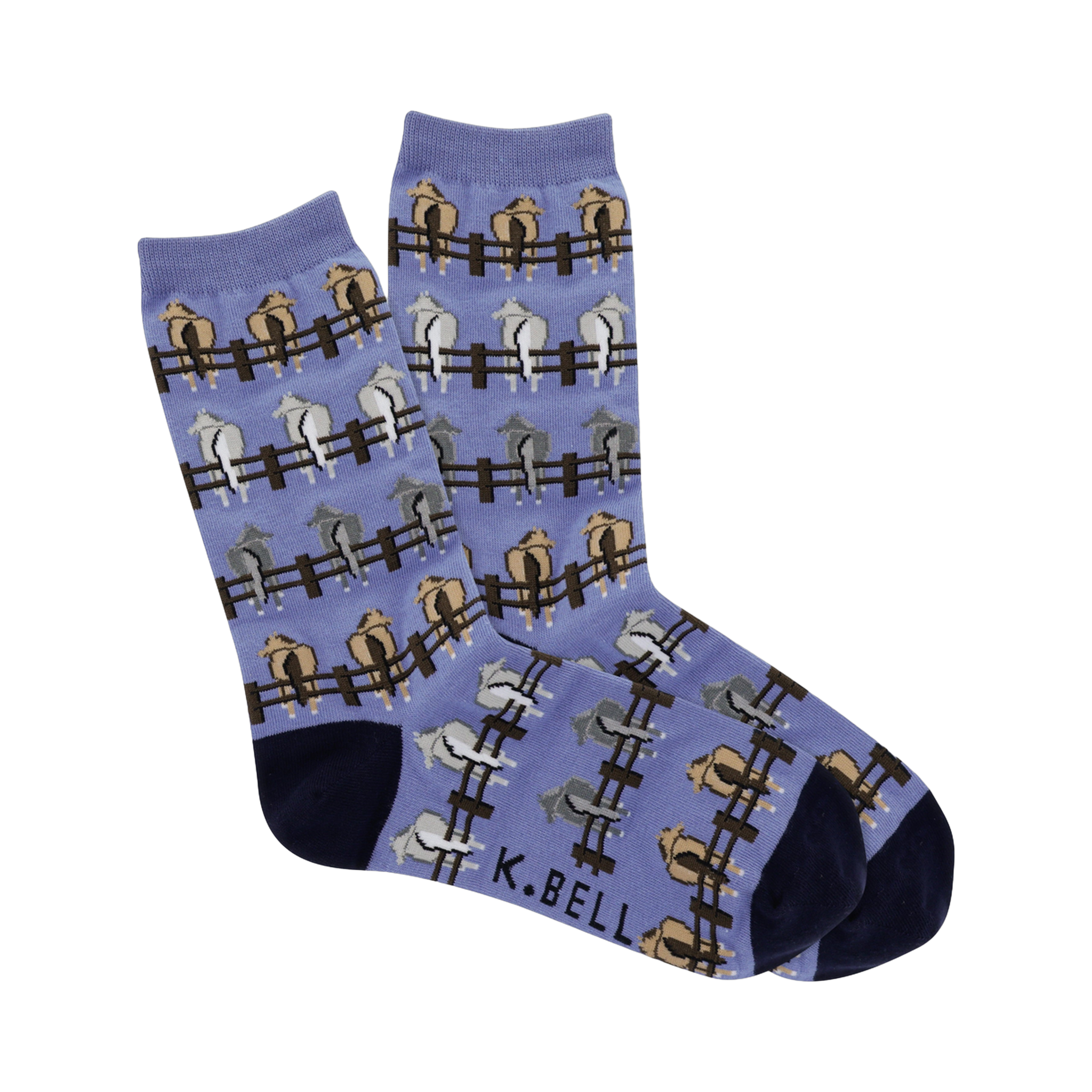 Crew socks in periwinkle blue with a repeating pattern of horses' rear ends peeking over brown fences.  Horses are beige, light gray, and tan.
