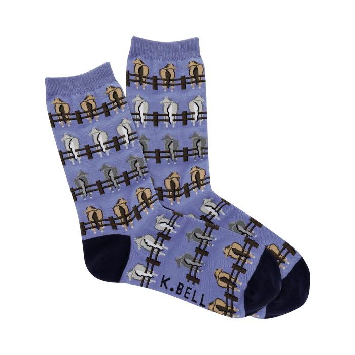 Crew socks in periwinkle blue with a repeating pattern of horses' rear ends peeking over brown fences.  Horses are beige, light gray, and tan. }}