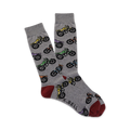 Pair of grey crew socks with a repeating pattern of multicolored motorcycles.  Red and grey heel and toe.