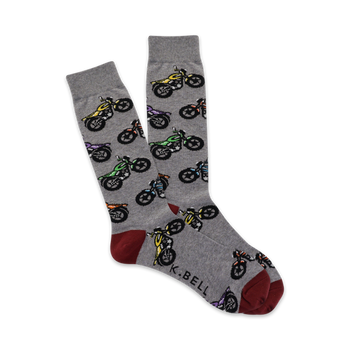 gray crew socks with colorful pixelated motorcycle pattern for men   
