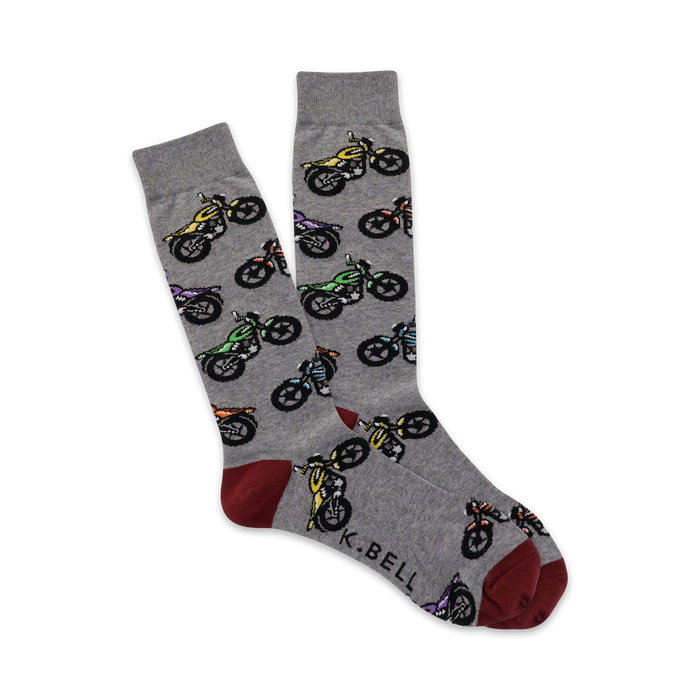 gray crew socks with colorful pixelated motorcycle pattern for men    }}