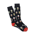 Pair of black crew socks with colorful illustrations of various alcoholic drinks like cocktails, beer, and wine glasses. Red accents on the cuffs.