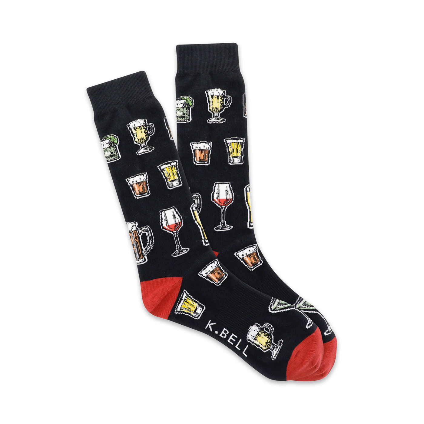 Pair of black crew socks with colorful illustrations of various alcoholic drinks like cocktails, beer, and wine glasses. Red accents on the cuffs.