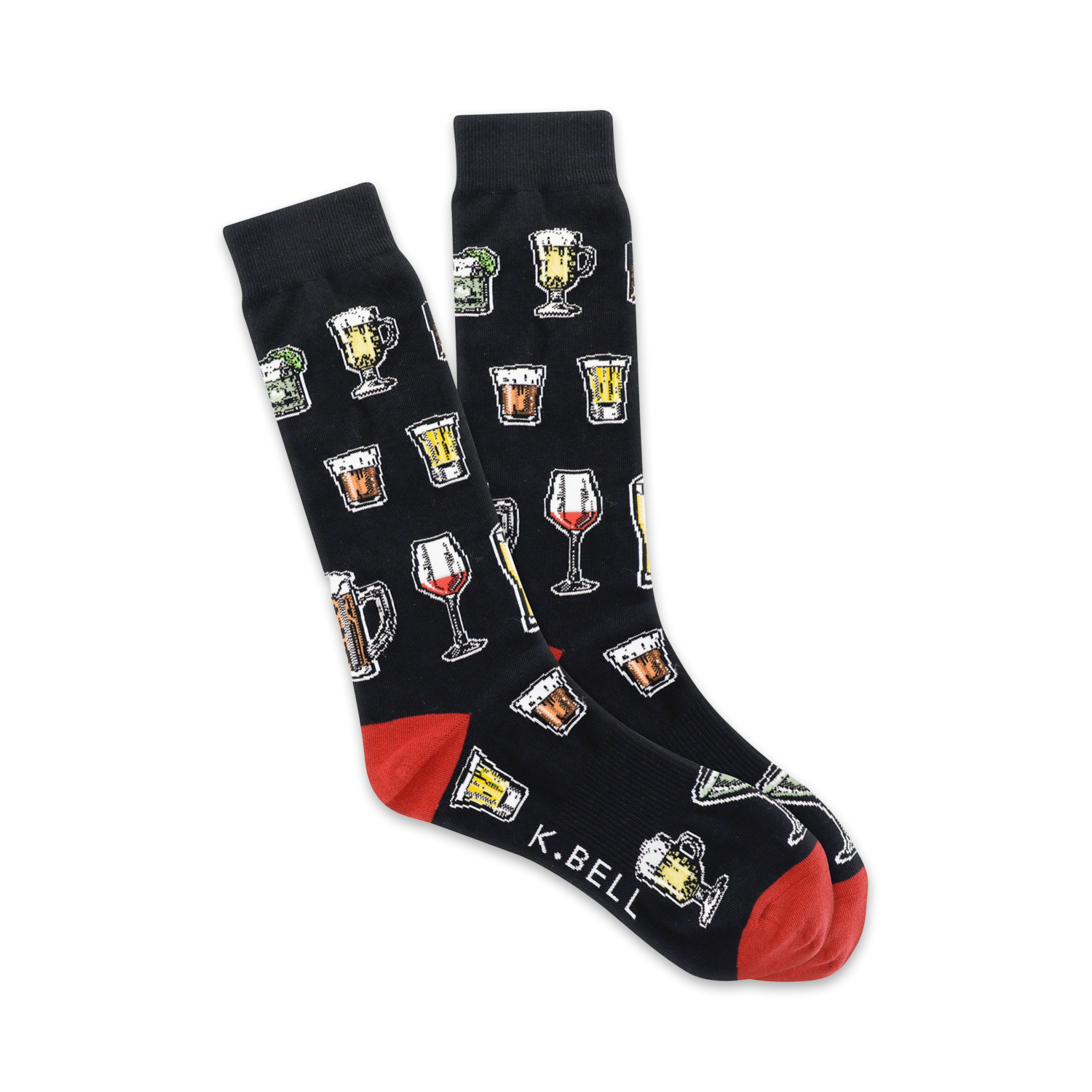 Pair of black crew socks with colorful illustrations of various alcoholic drinks like cocktails, beer, and wine glasses. Red accents on the cuffs.
