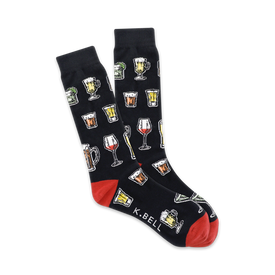 black mens crew socks with colorful mixed drink icons such as cocktails, beers and other mixed drinks; red toe and heel.  