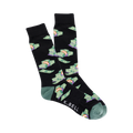 A pair of black crew socks with a pattern of cartoonish green money stacks.  The cuffs are teal green.
