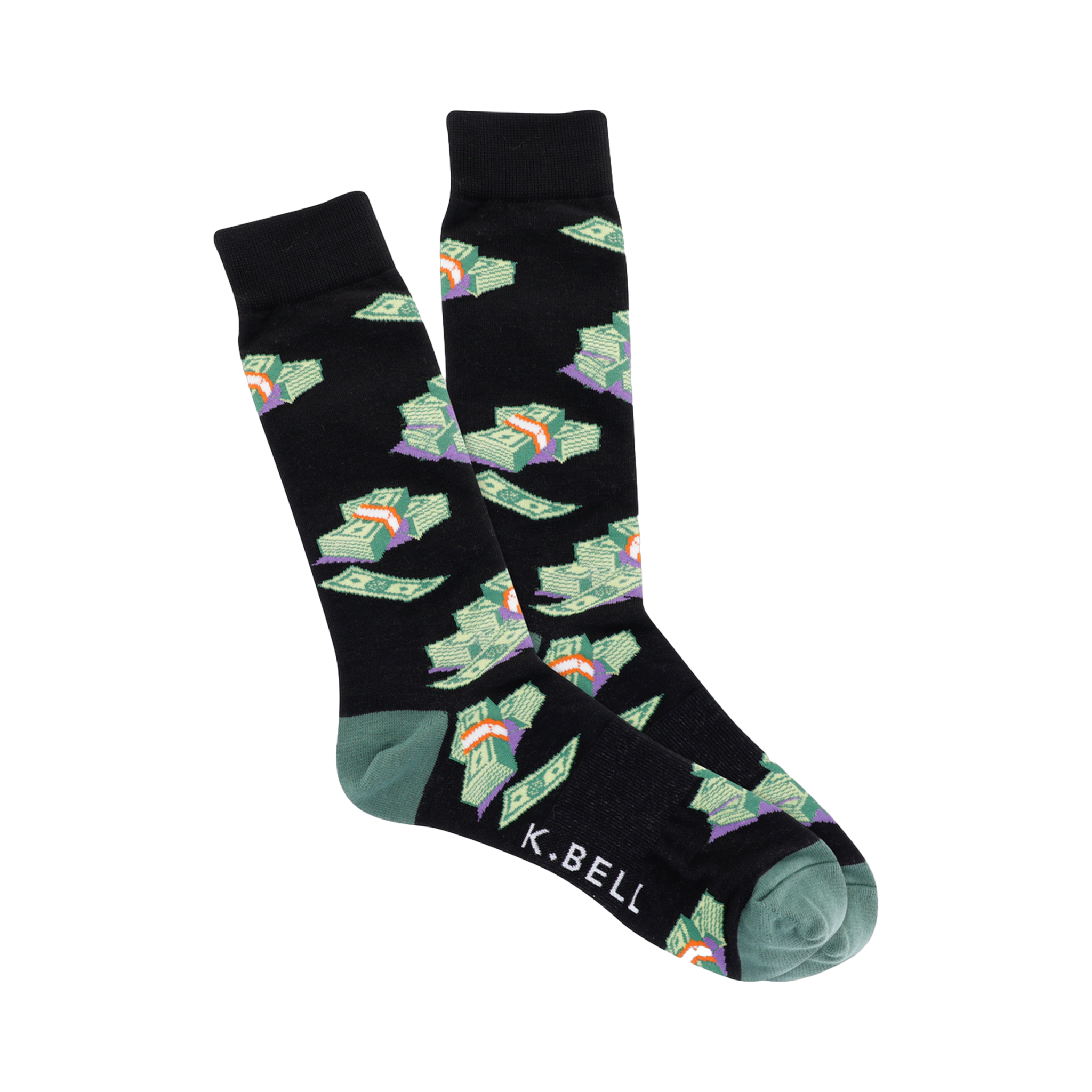 A pair of black crew socks with a pattern of cartoonish green money stacks.  The cuffs are teal green.