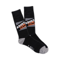 A pair of black crew socks with a gray and orange 'ADULTADULTISH' graphic. The heel and toe are heather gray.