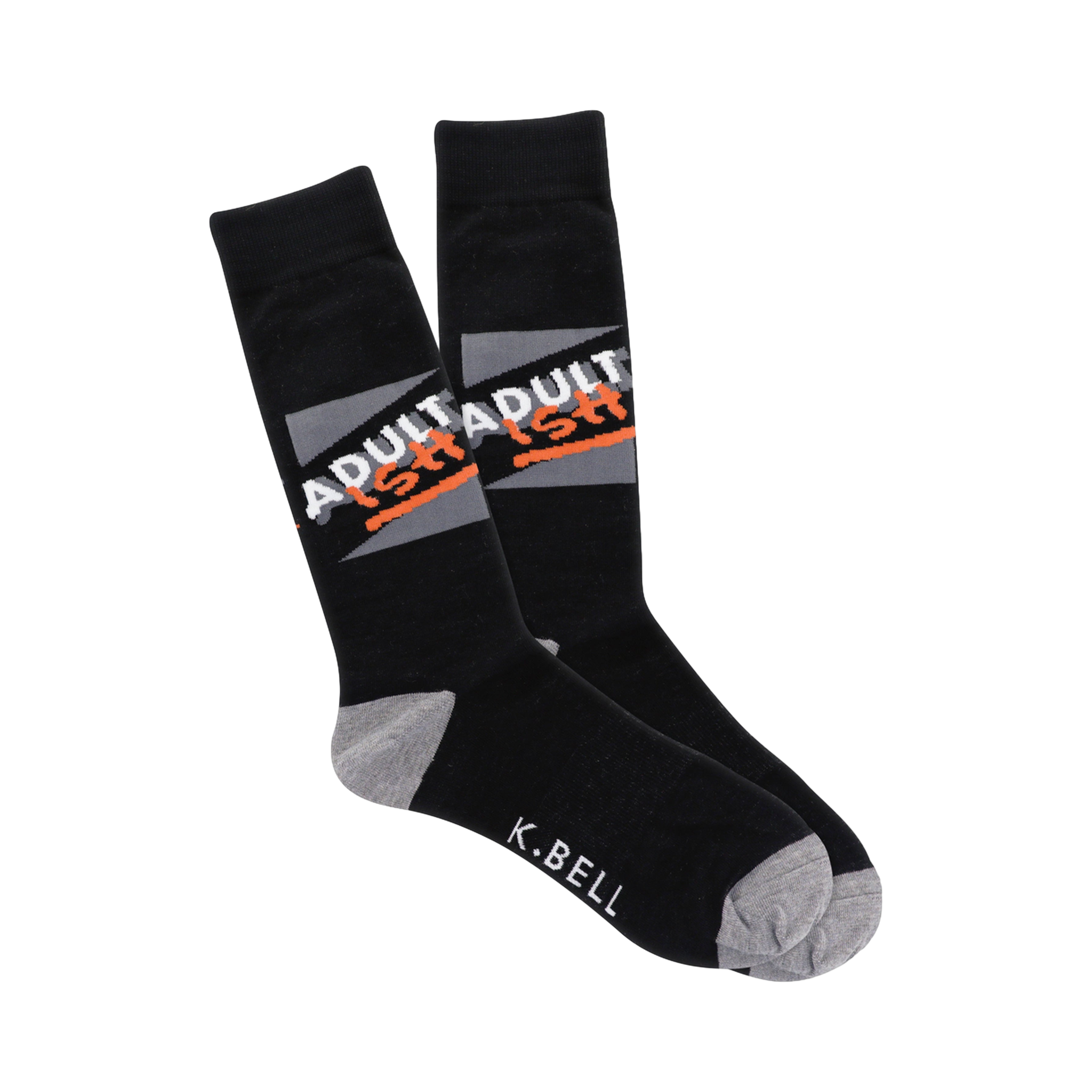 A pair of black crew socks with a gray and orange 'ADULTADULTISH' graphic. The heel and toe are heather gray.