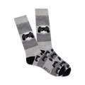 Pair of grey and black crew socks.  A large game controller is featured on the leg, with smaller controllers repeating on the foot.