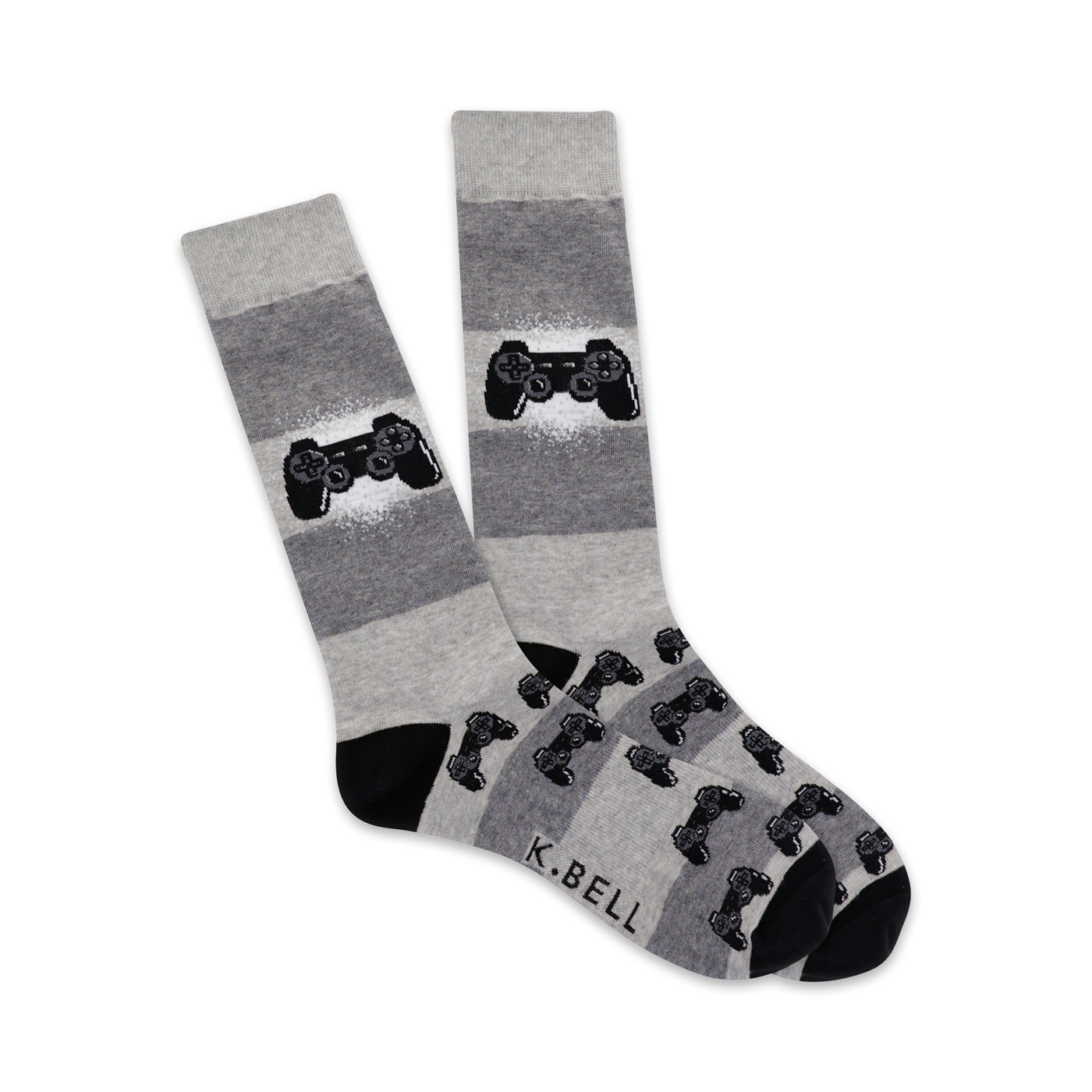 Pair of grey and black crew socks.  A large game controller is featured on the leg, with smaller controllers repeating on the foot.