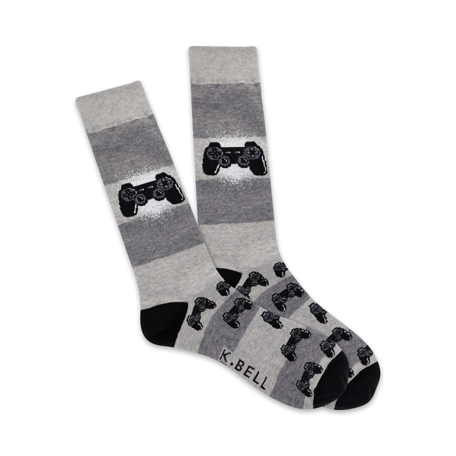 Pair of grey and black crew socks.  A large game controller is featured on the leg, with smaller controllers repeating on the foot.