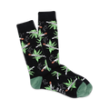 A pair of black crew socks with a whimsical design of green cannabis leaves and joints. Green cuffs add a pop of color.
