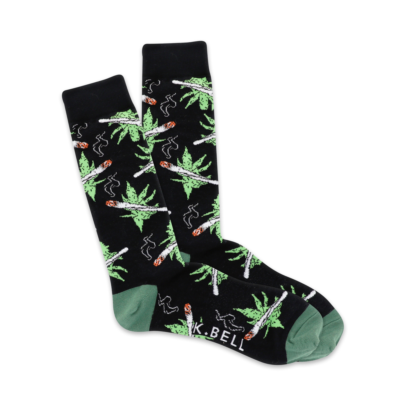 A pair of black crew socks with a whimsical design of green cannabis leaves and joints. Green cuffs add a pop of color.