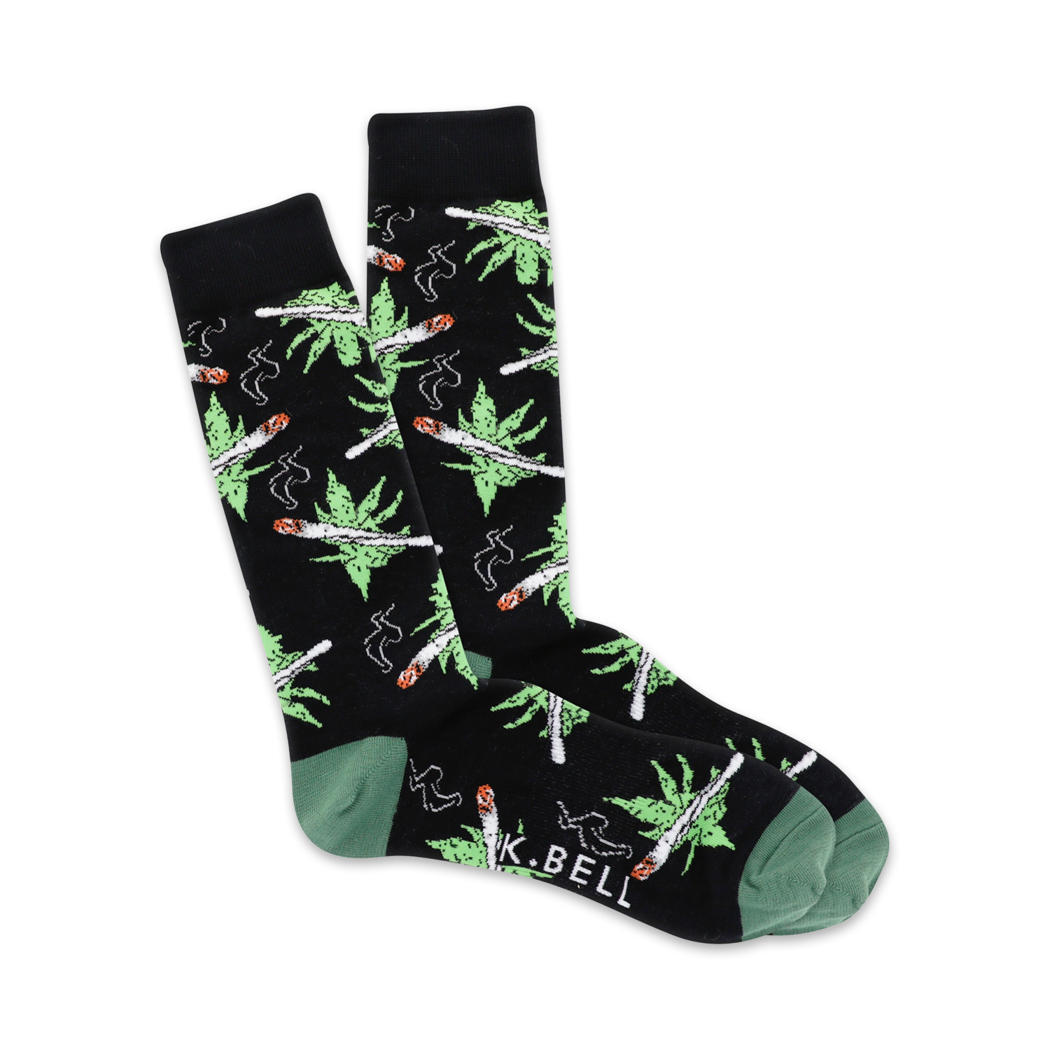 A pair of black crew socks with a whimsical design of green cannabis leaves and joints. Green cuffs add a pop of color.