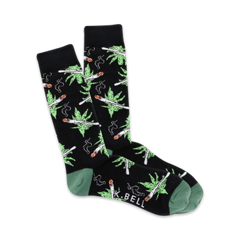 mens crew socks with black background and green marijuana leaf and brown cigarette pattern.   