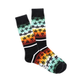 Pair of crew socks, black with horizontal stripes of orange, red, yellow, and teal, featuring a repeating pattern of dark-green marijuana leaf silhouettes.