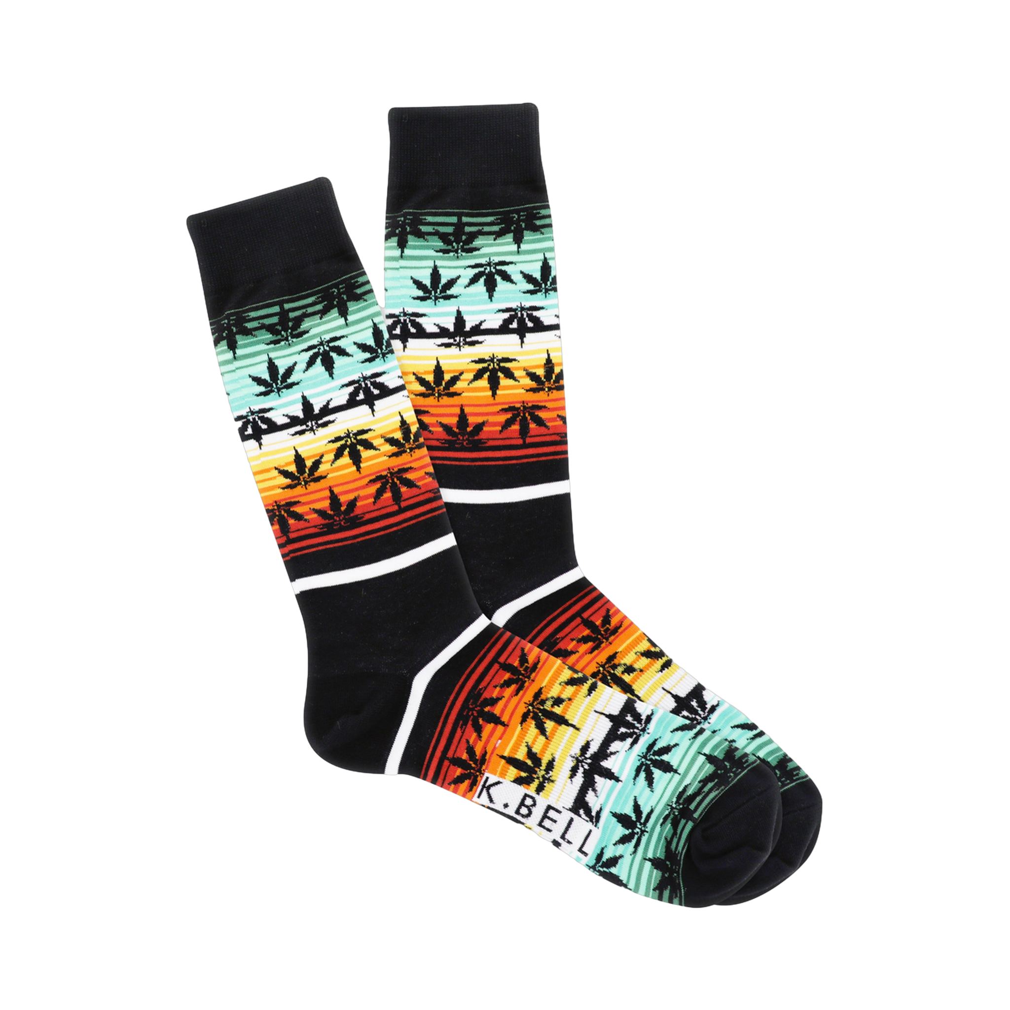 Pair of crew socks, black with horizontal stripes of orange, red, yellow, and teal, featuring a repeating pattern of dark-green marijuana leaf silhouettes.