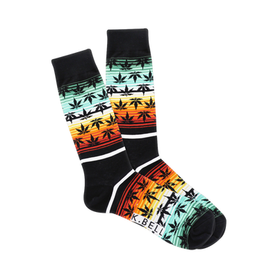 Pair of crew socks, black with horizontal stripes of orange, red, yellow, and teal, featuring a repeating pattern of dark-green marijuana leaf silhouettes.