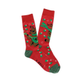 Pair of red crew socks with green cuffs, heels, and toes, featuring brown reindeer in sunglasses playing green guitars with starbursts and green ovals.