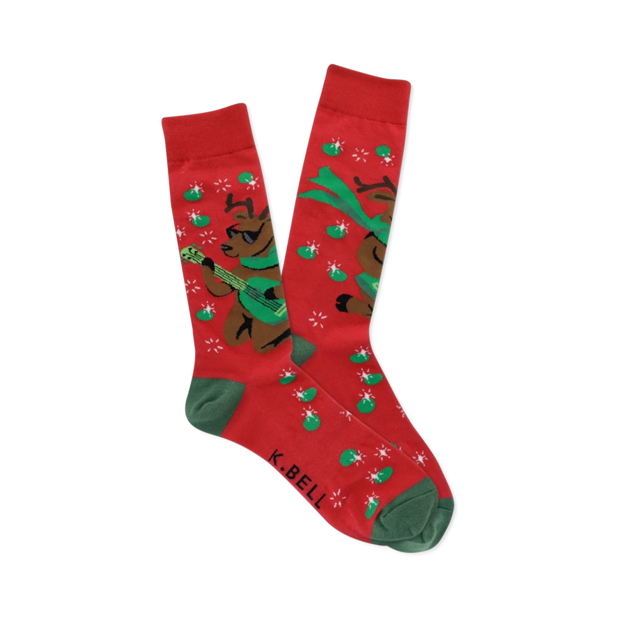 Pair of red crew socks with green cuffs, heels, and toes, featuring brown reindeer in sunglasses playing green guitars with starbursts and green ovals.