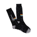 Pair of black crew socks.  Design includes musical notes, rainbow stripe, and electric guitar graphic. Grey cuffs.
