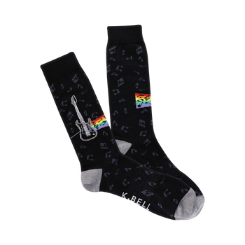 Pair of black crew socks.  Design includes musical notes, rainbow stripe, and electric guitar graphic. Grey cuffs.