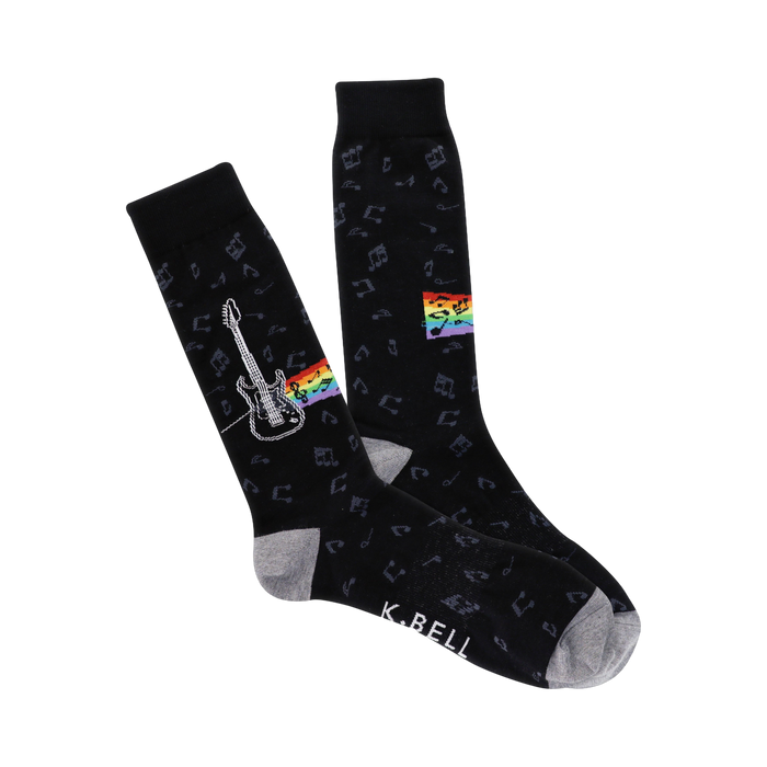 Pair of black crew socks.  Design includes musical notes, rainbow stripe, and electric guitar graphic. Grey cuffs. }}