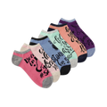 Six women's ankle socks in pastel colors (pink, purple, mint, light blue, beige) with inspirational messages and small design elements like a unicorn and feathers.