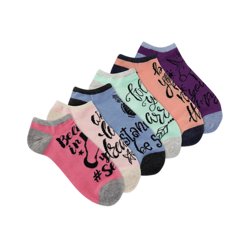 Six women's ankle socks in pastel colors (pink, purple, mint, light blue, beige) with inspirational messages and small design elements like a unicorn and feathers.