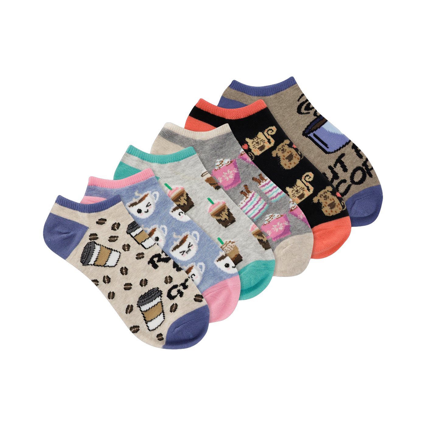 Six low-cut ankle socks, assorted colors and coffee-themed designs: coffee cups, coffee beans, and cartoon animals.