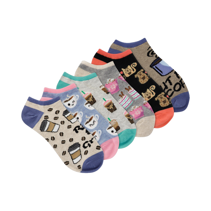 Six low-cut ankle socks, assorted colors and coffee-themed designs: coffee cups, coffee beans, and cartoon animals. }}