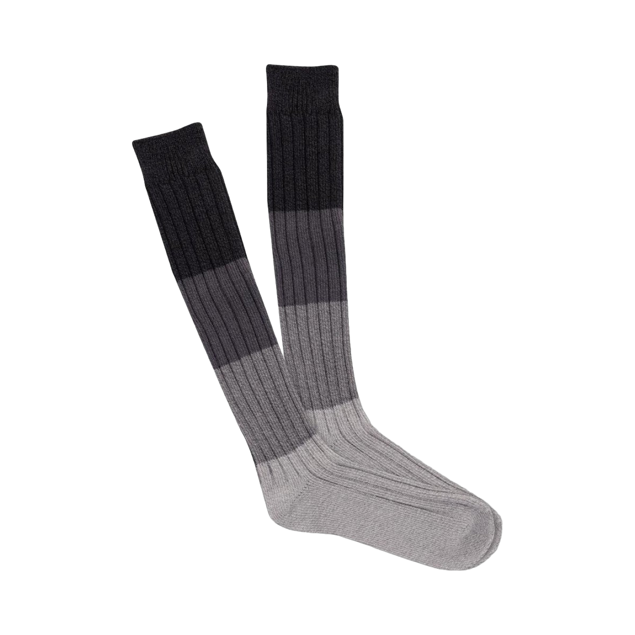 Pair of knee-high socks in a marl block pattern. The socks are primarily gray and black with a subtle color gradient.