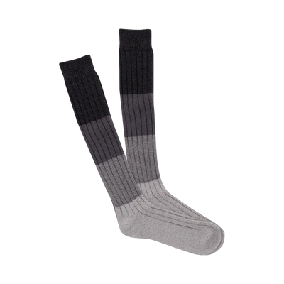 Pair of knee-high socks in a marl block pattern. The socks are primarily gray and black with a subtle color gradient.